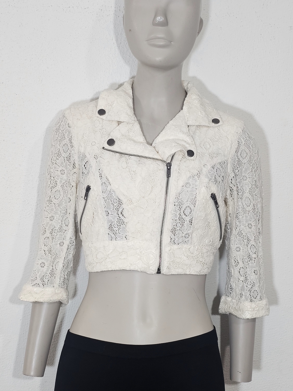 Y2K Dani Ivory Lace Moto Jacket Women's Sz  M Cropped 3/4 Sleeve Biker Boho Chic - Picture 7 of 15